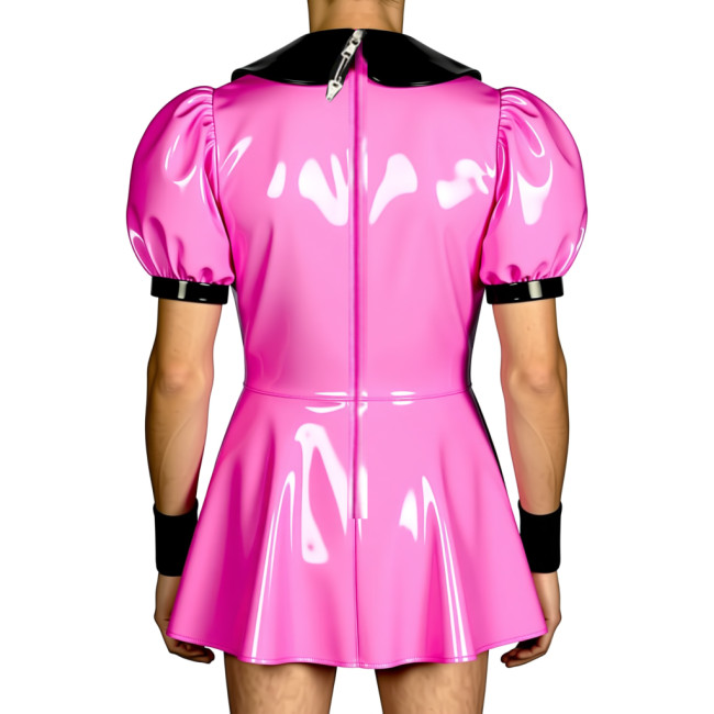 Mens Sissy Doll Collar Puff Short Sleeve A-line Dress PVC Glossy Leather Club A-Line Pleated Mini Dress Lockable Cosplay Dresses