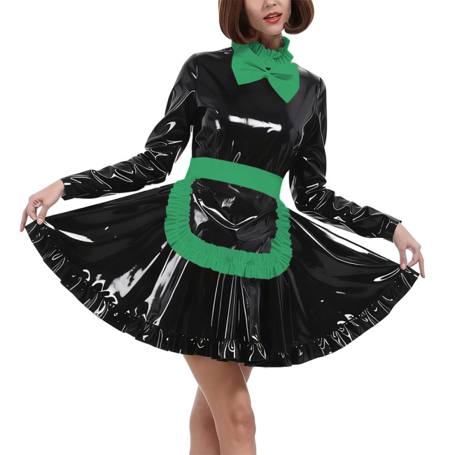 Elegant Bow Maid Uniforms Lockable Glossy PVC Leather Long Sleeve Maid Dresses with Apron Crossdresser Role Play Maid Costume
