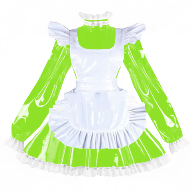 Sissy PVC Shiny Leather Maid Servant Uniform Lockable A-line Ruffles Lace Cosplay Maid Dress with Apron Halloween Party Outfits