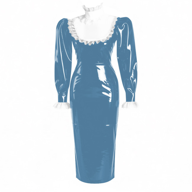 Ruffles Lace High Neck Lolita Long Pencil Dress With Lock Elegant Women Puff Long Sleeve PVC Shiny Leather Slim Party Dresses