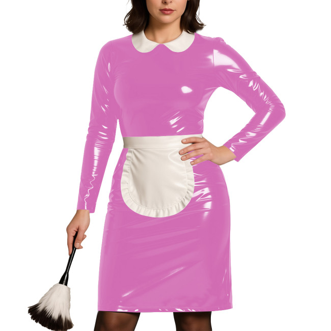 Womens Party Cosplay Maid Uniform Wetlook PVC Leather Long Sleeve Bodycon Maid Dress with Apron Festival Role Play Costumes