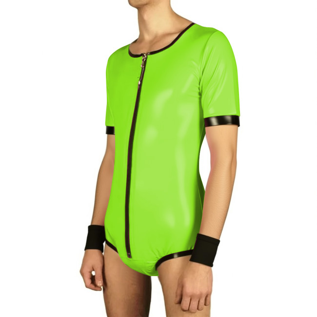 Mens Short Sleeve Lockable Leotard Wetlook Cosplay Bodysuit Vinyl PVC Leather Undershirt Rompers Male Clubwear Zipper Slim Tops