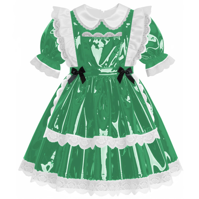 Sweet Preppy Glossy Lace Trims A-line Maid Dress Lockable PVC Leather Mini Dress with Apron Sissy Party Role Play Maid Uniform