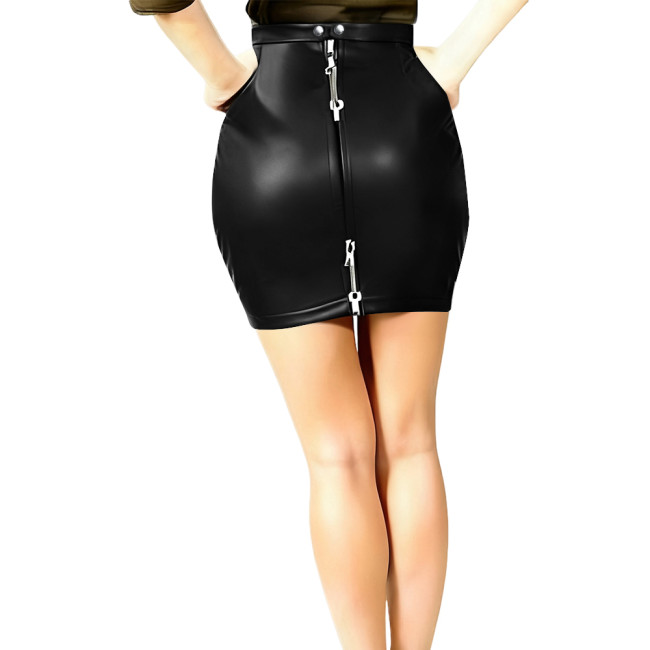 Womens Sexy Tight Miniskirt Lockable Zipper Closure PU Matte Leather Bodycon Skirts Female Sheath Short Skirts Club Party Wear