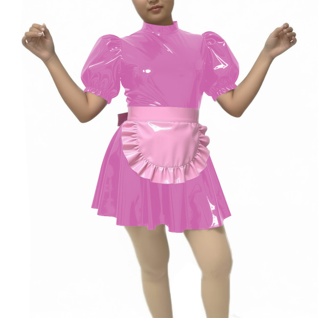 New Sissy PVC Puff Short Sleeve Maid Dress Outfits Wetlook Sissy Cosplay High Neck Maid Set Halloween Carnival Party Costume