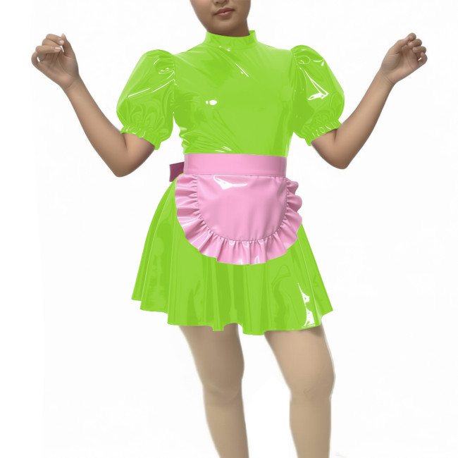 New Sissy PVC Puff Short Sleeve Maid Dress Outfits Wetlook Sissy Cosplay High Neck Maid Set Halloween Carnival Party Costume