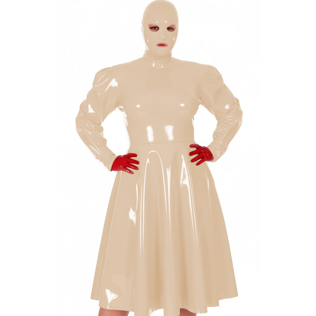 Plus Size Exotic Midi Masked Dress Women's Chic Long Sleeve Pleated A-line Dress Vinyl PVC Leather Nightclub Party Hooded Dress