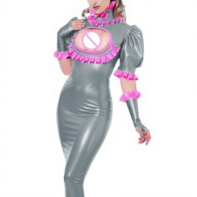Sexy Ladies Wet Look Bodycon Long Dress Cocktail PVC Shiny Leather Hollow Tight Dress Puff Short Sleeve Ruffles Collar Clubwear