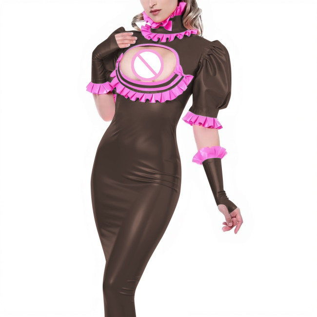 Sexy Ladies Wet Look Bodycon Long Dress Cocktail PVC Shiny Leather Hollow Tight Dress Puff Short Sleeve Ruffles Collar Clubwear