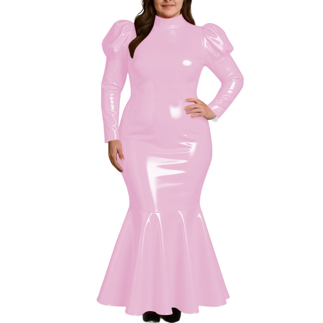 Plus Size Elegant High Neck Long Mermaid Dress for Womens Glossy PVC Leather Ruffles Slim Fit Dress Coctail Party Club Vestidos