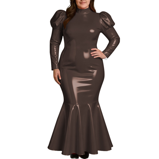 Plus Size Elegant High Neck Long Mermaid Dress for Womens Glossy PVC Leather Ruffles Slim Fit Dress Coctail Party Club Vestidos