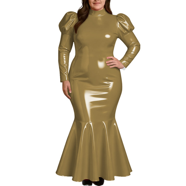 Plus Size Elegant High Neck Long Mermaid Dress for Womens Glossy PVC Leather Ruffles Slim Fit Dress Coctail Party Club Vestidos
