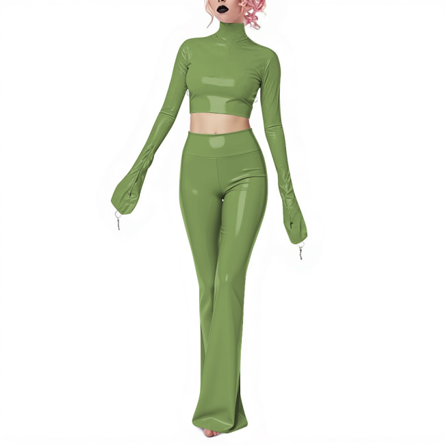 Fetish Gothic Latex-look Pants Set Vinyl PVC Leather Club 2 Piece Outfits Full Sleeve Slim Crop Top High Waist Long Flared Pant
