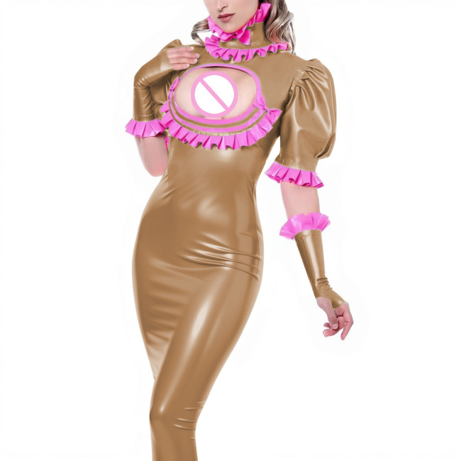 Sexy Ladies Wet Look Bodycon Long Dress Cocktail PVC Shiny Leather Hollow Tight Dress Puff Short Sleeve Ruffles Collar Clubwear