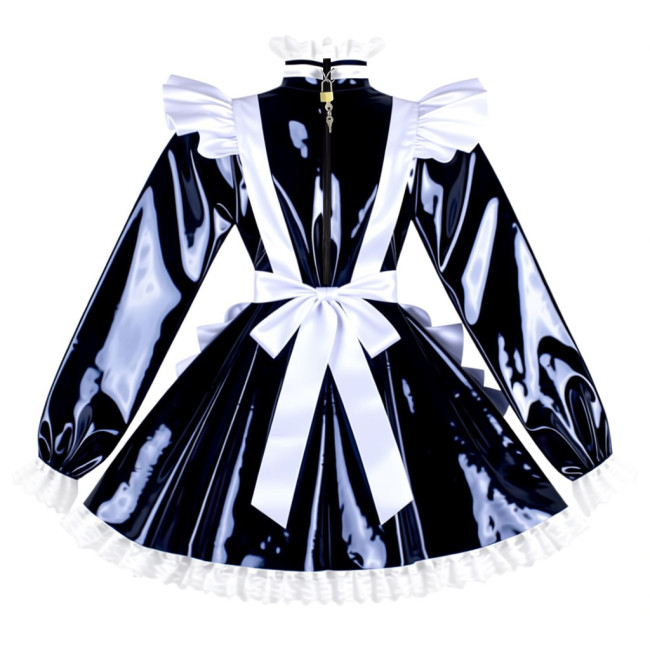 Sissy PVC Shiny Leather Maid Servant Uniform Lockable A-line Ruffles Lace Cosplay Maid Dress with Apron Halloween Party Outfits