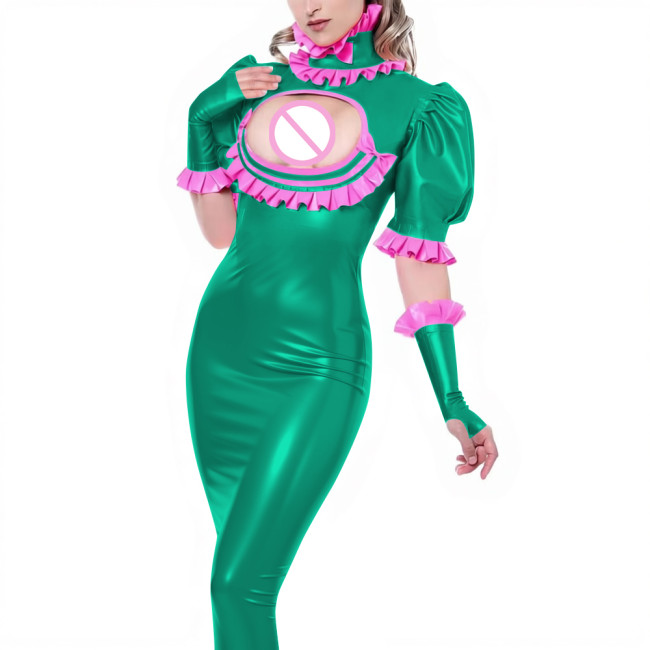 Sexy Ladies Wet Look Bodycon Long Dress Cocktail PVC Shiny Leather Hollow Tight Dress Puff Short Sleeve Ruffles Collar Clubwear