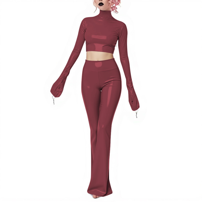 Fetish Gothic Latex-look Pants Set Vinyl PVC Leather Club 2 Piece Outfits Full Sleeve Slim Crop Top High Waist Long Flared Pant