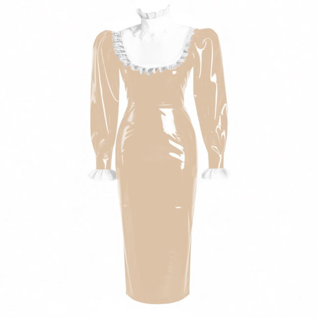 Ruffles Lace High Neck Lolita Long Pencil Dress With Lock Elegant Women Puff Long Sleeve PVC Shiny Leather Slim Party Dresses