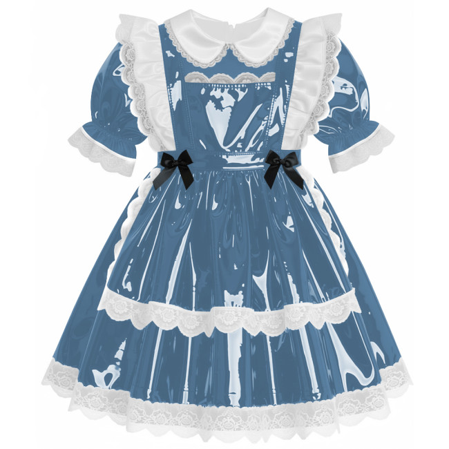 Sweet Preppy Glossy Lace Trims A-line Maid Dress Lockable PVC Leather Mini Dress with Apron Sissy Party Role Play Maid Uniform