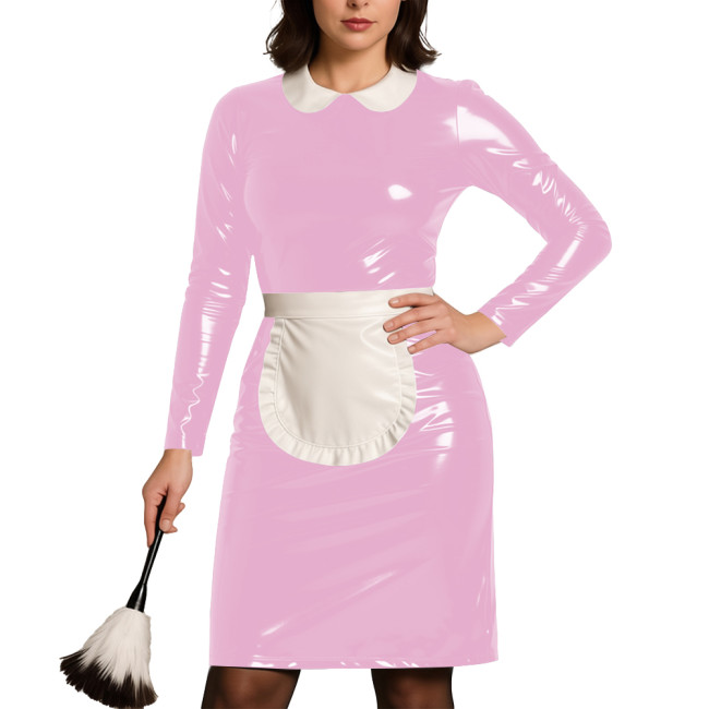Womens Party Cosplay Maid Uniform Wetlook PVC Leather Long Sleeve Bodycon Maid Dress with Apron Festival Role Play Costumes