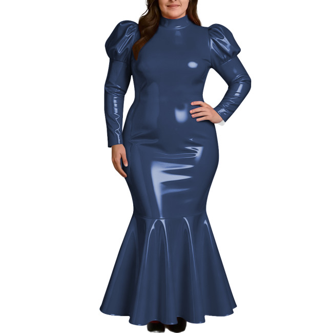 Plus Size Elegant High Neck Long Mermaid Dress for Womens Glossy PVC Leather Ruffles Slim Fit Dress Coctail Party Club Vestidos