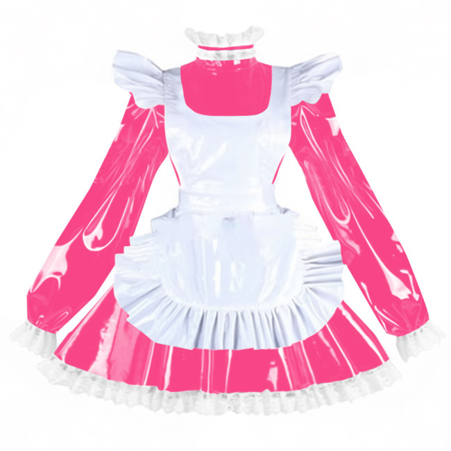 Sissy PVC Shiny Leather Maid Servant Uniform Lockable A-line Ruffles Lace Cosplay Maid Dress with Apron Halloween Party Outfits