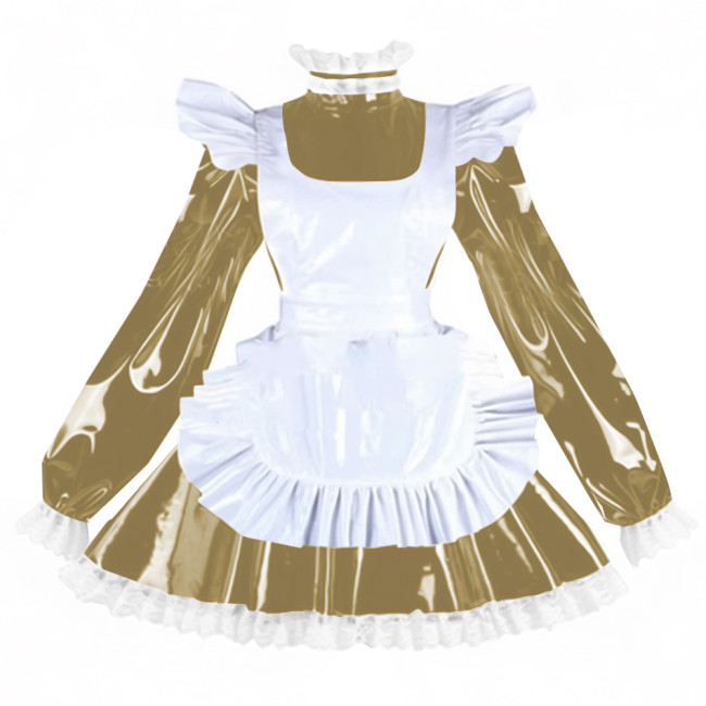 Sissy PVC Shiny Leather Maid Servant Uniform Lockable A-line Ruffles Lace Cosplay Maid Dress with Apron Halloween Party Outfits