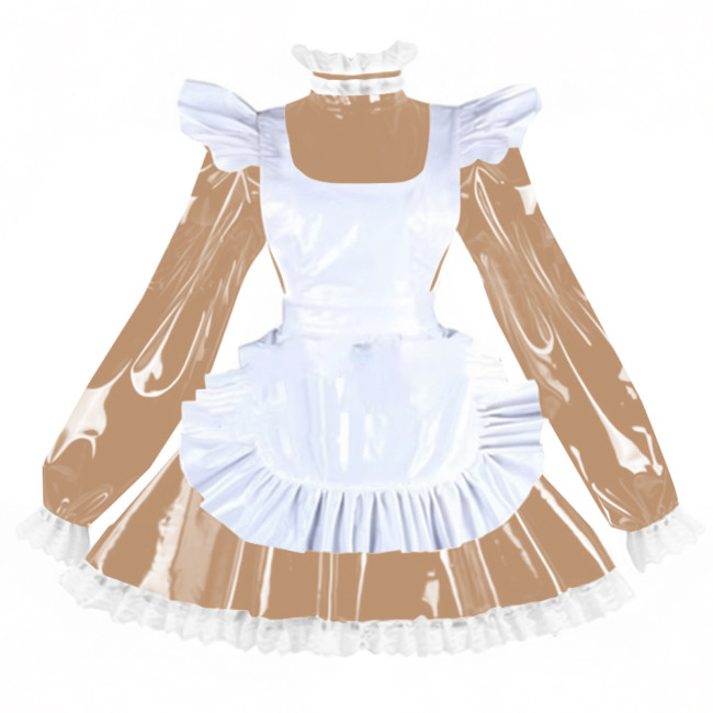 Sissy PVC Shiny Leather Maid Servant Uniform Lockable A-line Ruffles Lace Cosplay Maid Dress with Apron Halloween Party Outfits