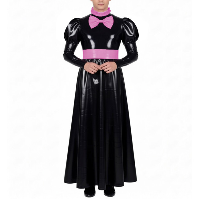 Mens Sissy Crossdress Long Maid Dresses with Lock Lolita Bow Vinyl PVC Leather Maid Dress Outfits Party Servant Cosplay Costume