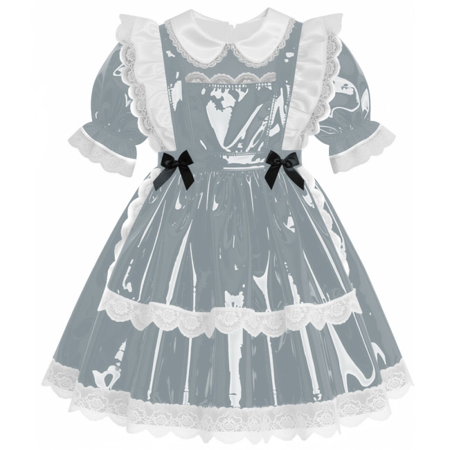 Sweet Preppy Glossy Lace Trims A-line Maid Dress Lockable PVC Leather Mini Dress with Apron Sissy Party Role Play Maid Uniform