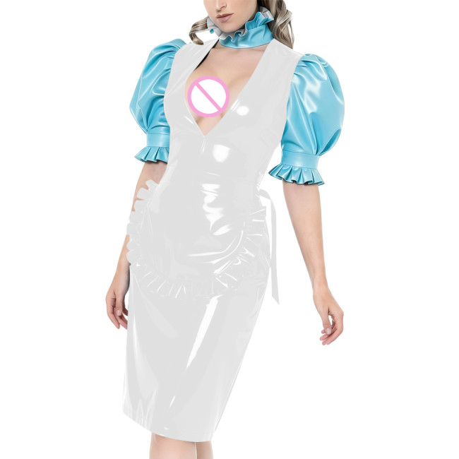Puff Short-Sleeved Elegant Maid Dress Sexy Party Shiny PVC Women V-neck Colorblock Bodycon Maid Dress with Apron Cosplay Outfits