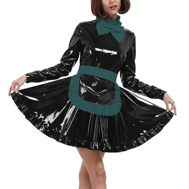 Elegant Bow Maid Uniforms Lockable Glossy PVC Leather Long Sleeve Maid Dresses with Apron Crossdresser Role Play Maid Costume