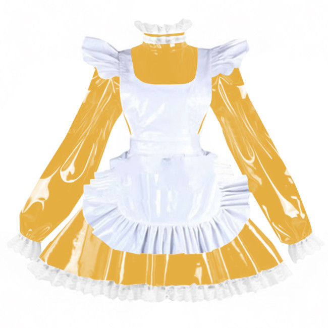 Sissy PVC Shiny Leather Maid Servant Uniform Lockable A-line Ruffles Lace Cosplay Maid Dress with Apron Halloween Party Outfits