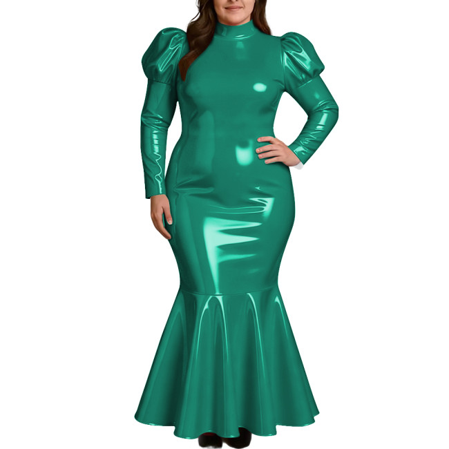 Plus Size Elegant High Neck Long Mermaid Dress for Womens Glossy PVC Leather Ruffles Slim Fit Dress Coctail Party Club Vestidos