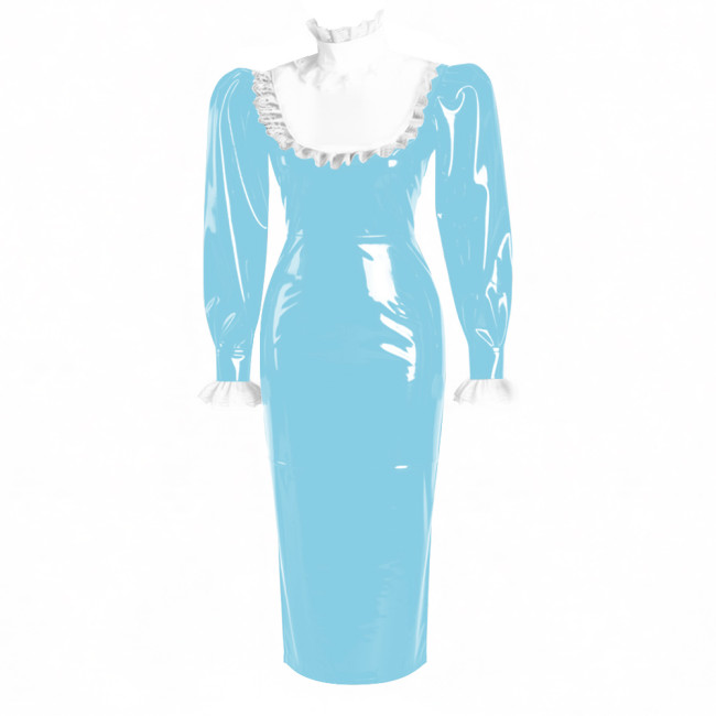 Ruffles Lace High Neck Lolita Long Pencil Dress With Lock Elegant Women Puff Long Sleeve PVC Shiny Leather Slim Party Dresses