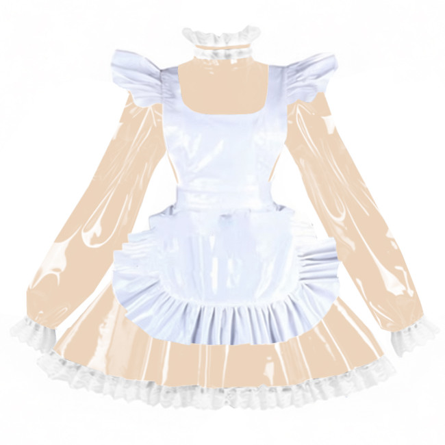 Sissy PVC Shiny Leather Maid Servant Uniform Lockable A-line Ruffles Lace Cosplay Maid Dress with Apron Halloween Party Outfits