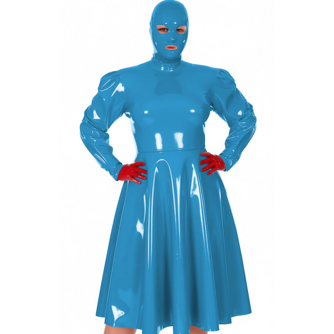 Plus Size Exotic Midi Masked Dress Women's Chic Long Sleeve Pleated A-line Dress Vinyl PVC Leather Nightclub Party Hooded Dress