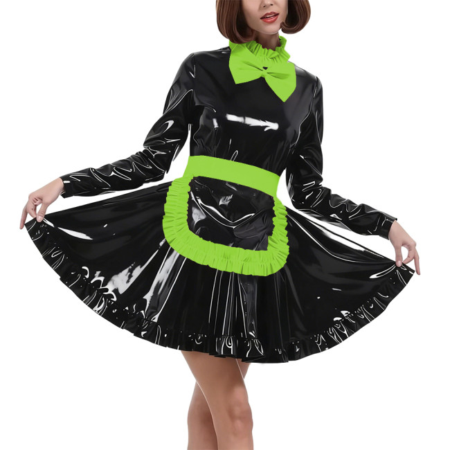 Elegant Bow Maid Uniforms Lockable Glossy PVC Leather Long Sleeve Maid Dresses with Apron Crossdresser Role Play Maid Costume