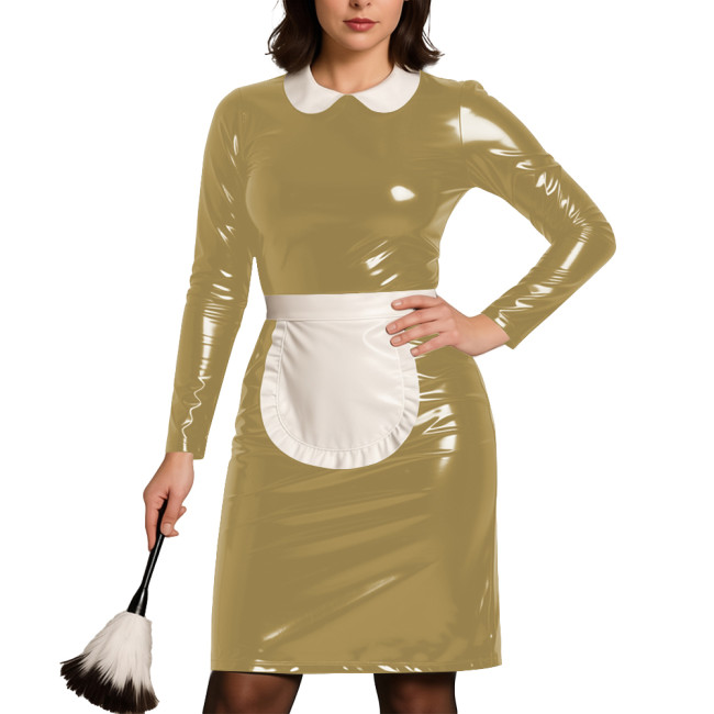 Womens Party Cosplay Maid Uniform Wetlook PVC Leather Long Sleeve Bodycon Maid Dress with Apron Festival Role Play Costumes