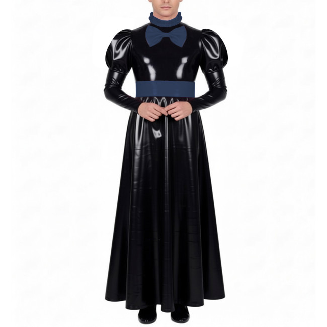 Mens Sissy Crossdress Long Maid Dresses with Lock Lolita Bow Vinyl PVC Leather Maid Dress Outfits Party Servant Cosplay Costume
