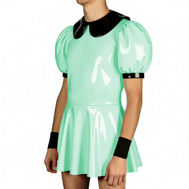 Mens Sissy Doll Collar Puff Short Sleeve A-line Dress PVC Glossy Leather Club A-Line Pleated Mini Dress Lockable Cosplay Dresses