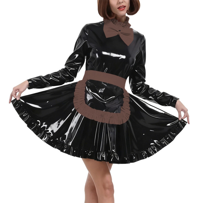 Elegant Bow Maid Uniforms Lockable Glossy PVC Leather Long Sleeve Maid Dresses with Apron Crossdresser Role Play Maid Costume