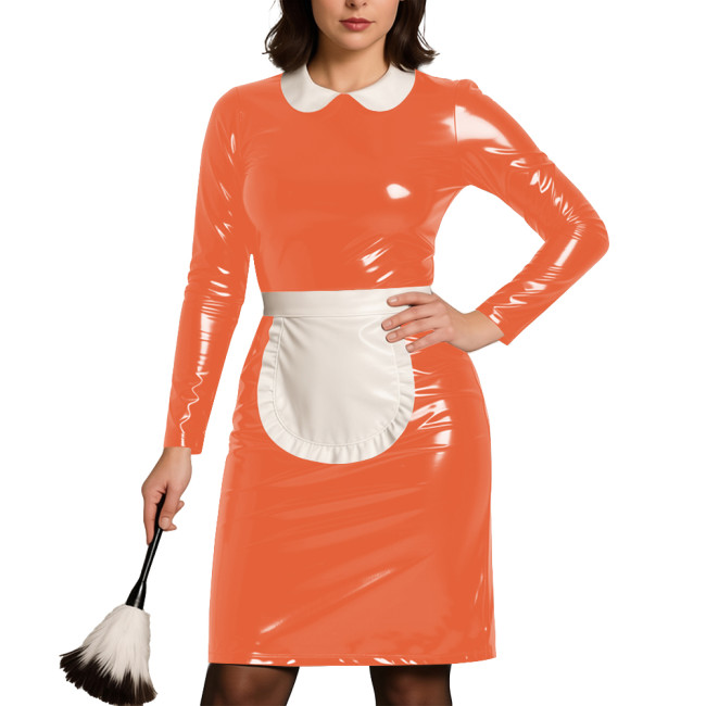 Womens Party Cosplay Maid Uniform Wetlook PVC Leather Long Sleeve Bodycon Maid Dress with Apron Festival Role Play Costumes