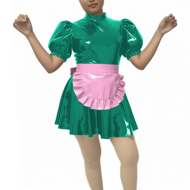 New Sissy PVC Puff Short Sleeve Maid Dress Outfits Wetlook Sissy Cosplay High Neck Maid Set Halloween Carnival Party Costume