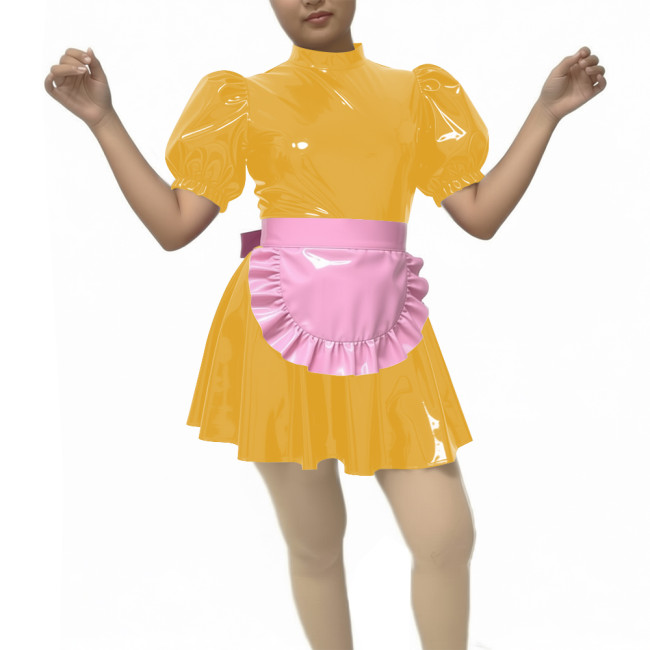 New Sissy PVC Puff Short Sleeve Maid Dress Outfits Wetlook Sissy Cosplay High Neck Maid Set Halloween Carnival Party Costume