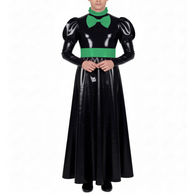 Mens Sissy Crossdress Long Maid Dresses with Lock Lolita Bow Vinyl PVC Leather Maid Dress Outfits Party Servant Cosplay Costume