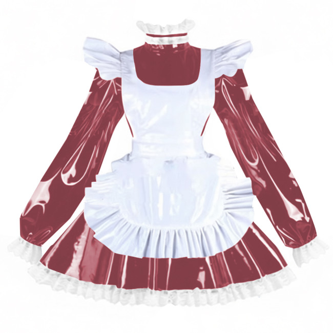Sissy PVC Shiny Leather Maid Servant Uniform Lockable A-line Ruffles Lace Cosplay Maid Dress with Apron Halloween Party Outfits