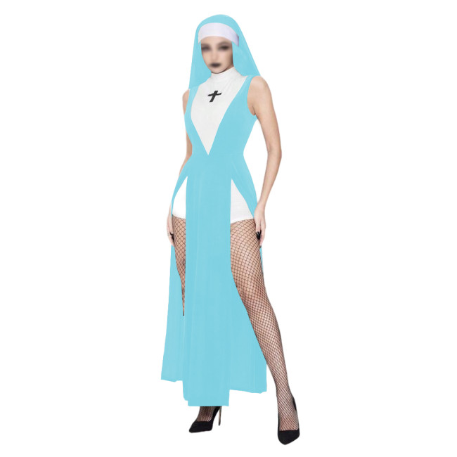 Carnival Cosplay Nun Dress Outfits Sexy High Slit Sleeveless Long Dress with Nun Veil Sexy Women's Halloween Party Costume 7XL