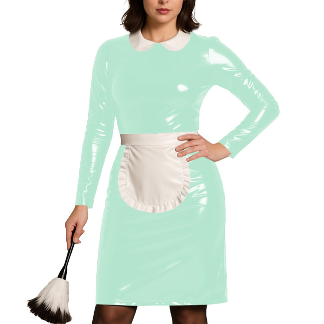 Womens Party Cosplay Maid Uniform Wetlook PVC Leather Long Sleeve Bodycon Maid Dress with Apron Festival Role Play Costumes
