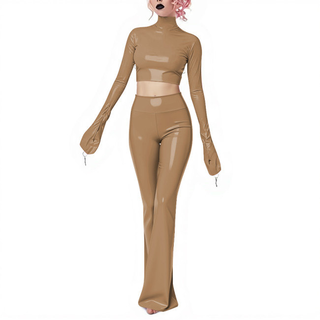 Fetish Gothic Latex-look Pants Set Vinyl PVC Leather Club 2 Piece Outfits Full Sleeve Slim Crop Top High Waist Long Flared Pant